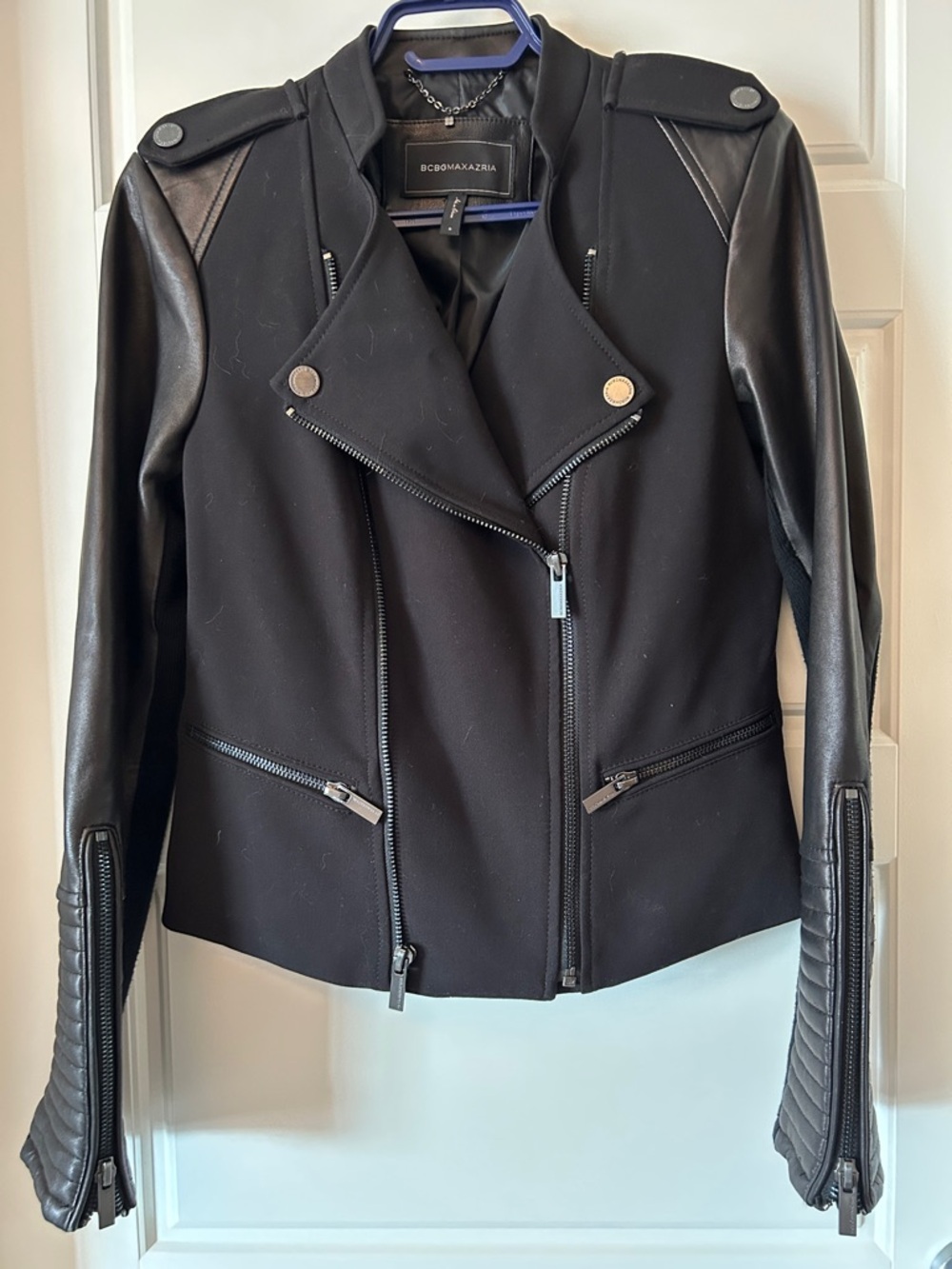 BCBGMaxAzria Black Mixed-Media Moto Jacket with Faux Leather Sleeves